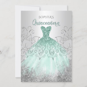 Convites Silver Aqua Sparkle Dress Quinceañera Quince