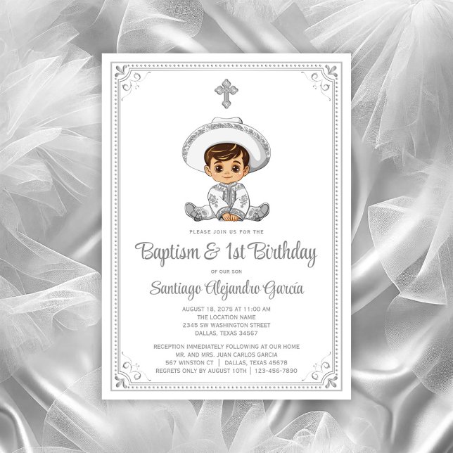 Convites Silver Baby Charro Baptism e Aniversário (Baby charro invitation, you can change all text, move/remove baby, move/remove cross as needed.)