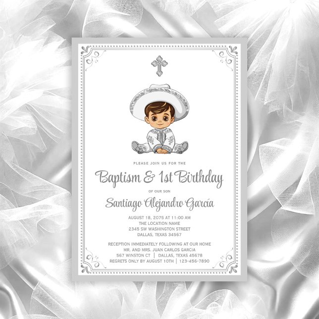 Convites Silver Baby Charro Baptism e Aniversário (Charro baby baptism invitation. All text can be changed, move/remove baby and cross as needed.)