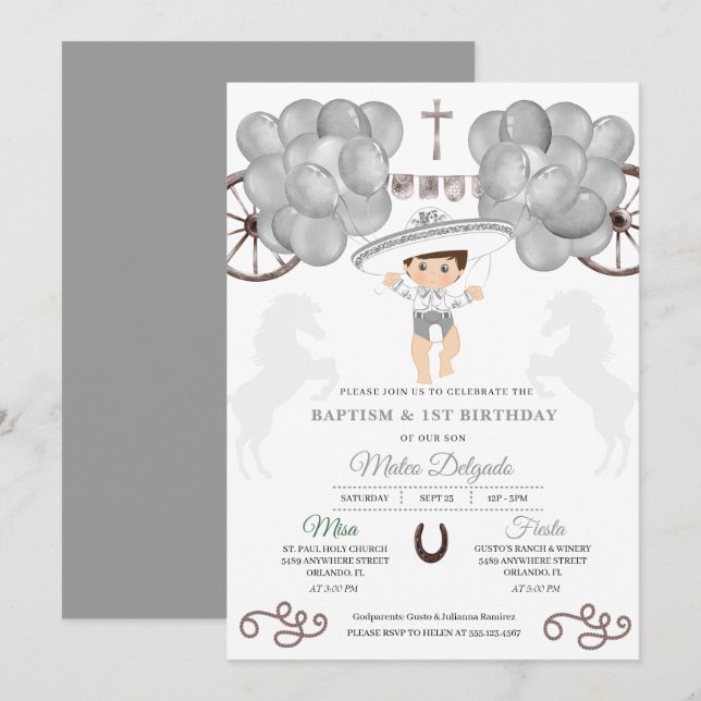 Convites Silver Balões Mexicanos Baby Boy Charro Baptism (Frente/Verso)