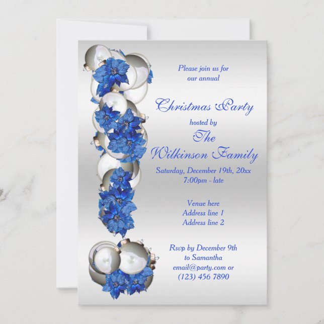 Convites Silver Baubles e Blue Poinsettia Festa de Natal (Frente)