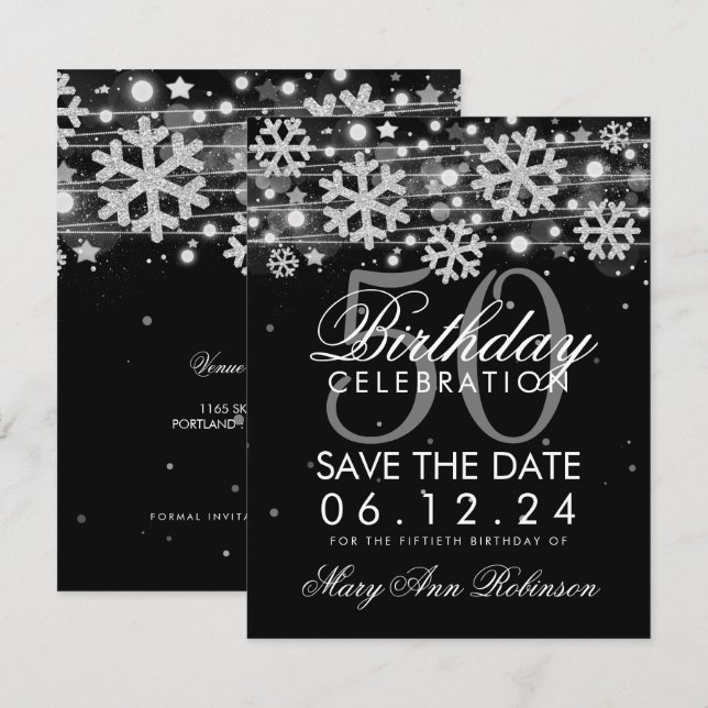 Convites Silver Black 50th Birthday Salvation Date Winter (Frente/Verso)