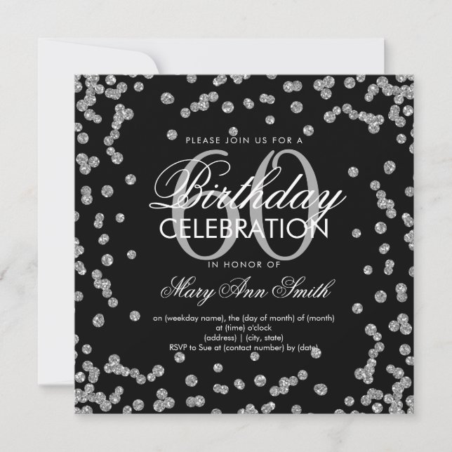 Convites Silver Black 60th Birthday Glitter Confetti (Frente)