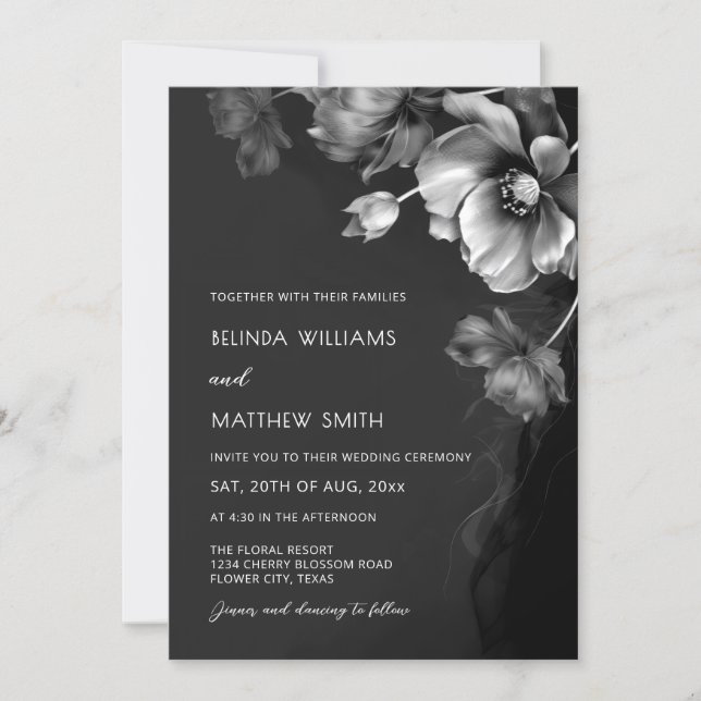 Convites Silver Black And White Flowers Wedding Invitation (Frente)