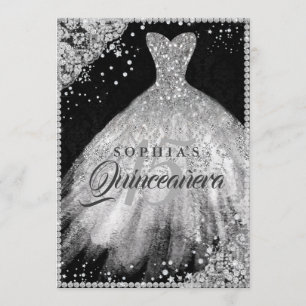 Convites Silver Black Diamond Lace Sparkle Quinceanera