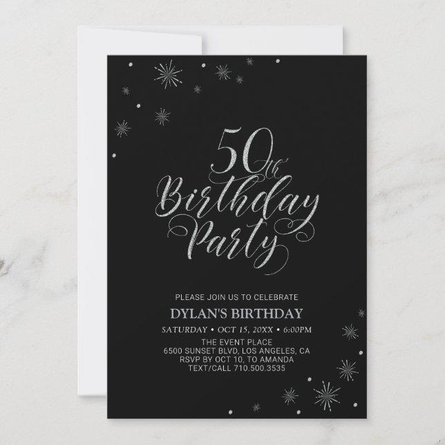 Convites Silver & Black | Festa de 50 Anos Moderno e Chic (Frente)