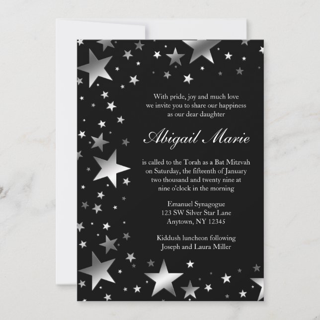 Convites Silver Black Stars Bat Mitzvah (Frente)