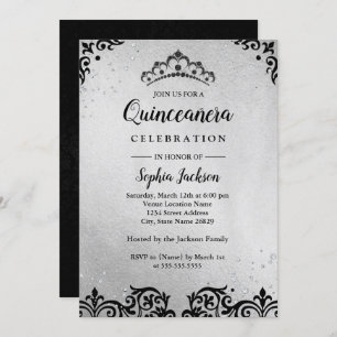 Convites Silver Black Tiara Damask Quinceanera