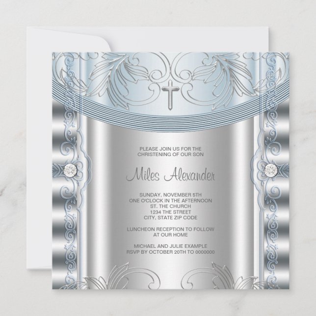 Convites Silver Blue Baby Boy Christening (Frente)