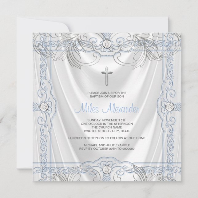 Convites Silver Blue Baby Boy Christening White Satanás (Frente)