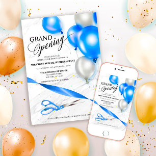Convites Silver Blue Balloons Restaurant Grand Opening