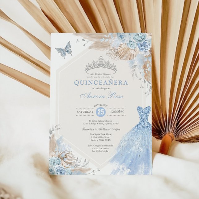 Convites Silver Blue Boho Floral Quinceañera 15 Birthday (Criador carregado)