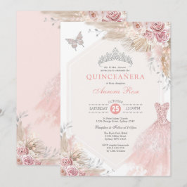 Convites Silver Blush Pink Boho Floral Quinceañera Aniversá