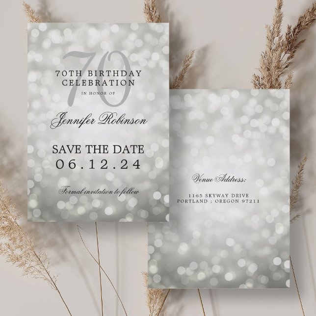 Convites Silver Bokeh 70 Birthday Guarde a Data (Silver Bokeh 70th Birthday Save the Date Invitation)