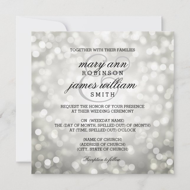Convites Silver Bokeh Luzes Elegantes Casamento (Frente)