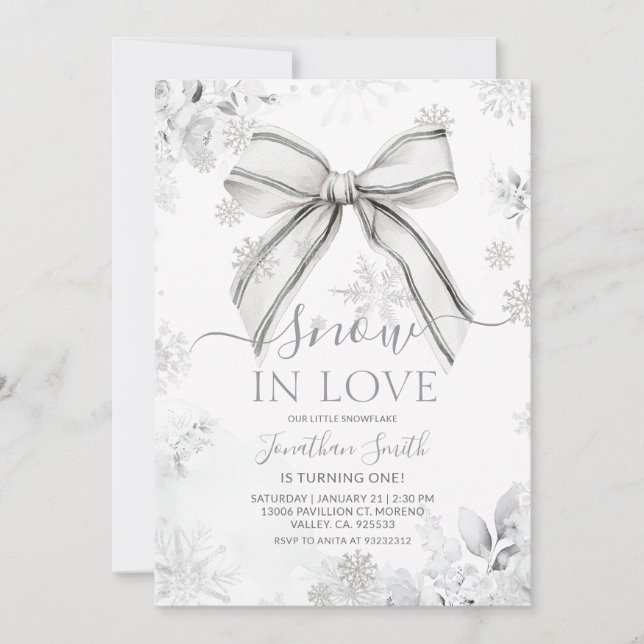 Convites Silver Bow Snow In Love Snowflake 1st Birthday (Frente)