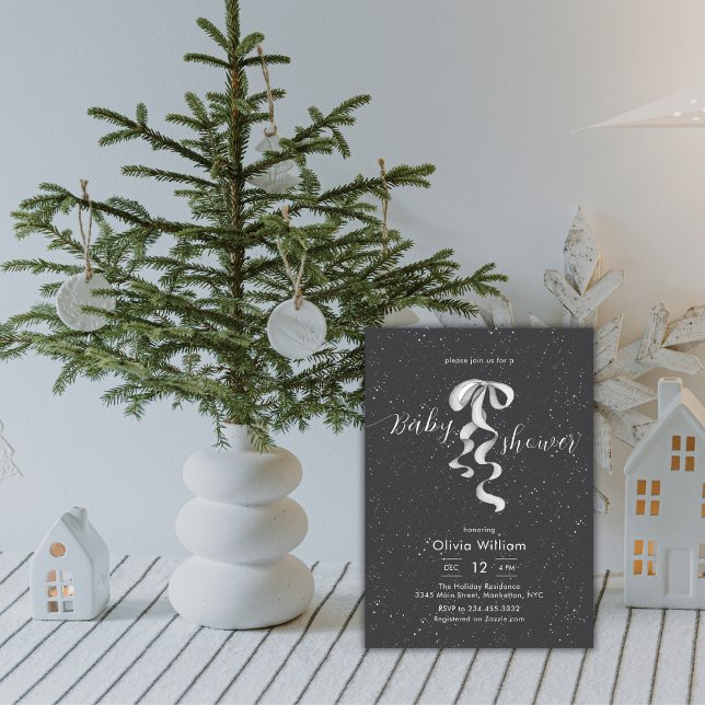 Convites Silver Bow Winter Snow Dark Grey Baby Shower (Silver Bow Winter Snow Dark Grey Baby Shower Invitation)