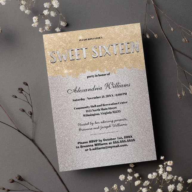 Convites Silver Brushstrokes Clássico Dourado Doce 16 (Classy Gold Silver Brushstrokes Glitter Sweet 16 )