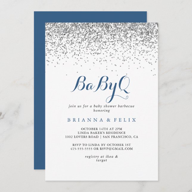 Convites Silver Confetti BabyQ Barbecue Chá de fraldas (Frente/Verso)