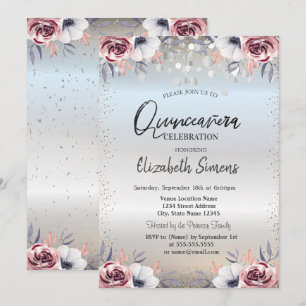Convites Silver Confetti Does Silver Floral Quinceañera