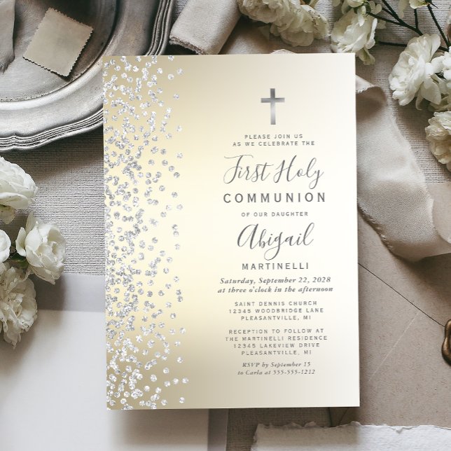 Convites Silver Confetti Dourado Omã Primeira Comunhão Sagr (Criador carregado)