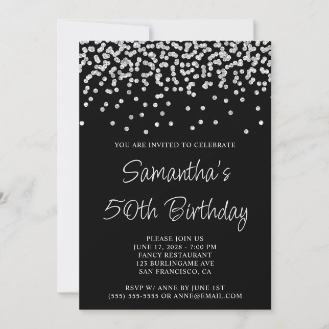 Convites Silver Confetti Glitter Black 50th Birthday (Frente)