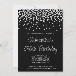 Convites Silver Confetti Glitter Black 50th Birthday