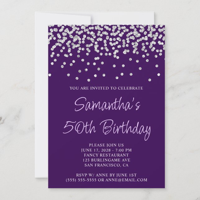 Convites Silver Confetti Glitter Dark Purple 50º Aniversári (Frente)
