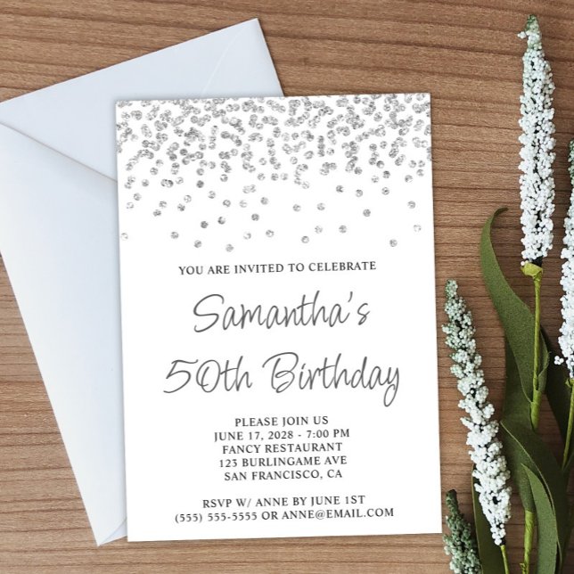Convites Silver Confetti Glitter White 50º Aniversário (Create your own birthday invitation.)