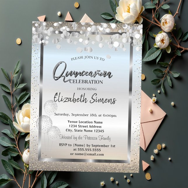 Convites Silver Confetti Pontos Balões Frame Quinceañera (Criador carregado)