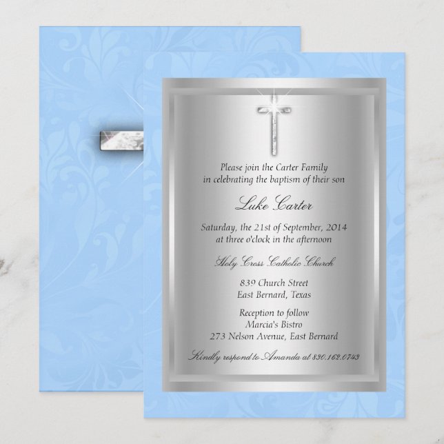 Convites Silver Cross Blue Baptism Christening (Frente/Verso)
