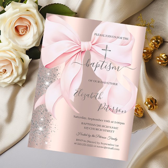 Convites Silver Cross Pink Bow Rose Gold Glitter Dust  (Criador carregado)