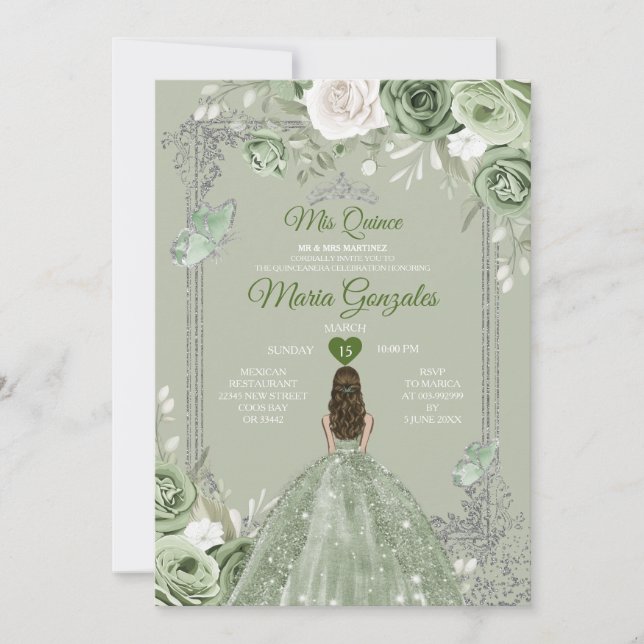 Convites Silver Crown Sage Green Floral Mis Quince 15 Anos (Frente)