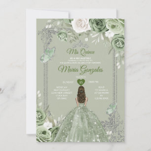 Convites Silver Crown Sage Green Floral Mis Quince 15 Anos