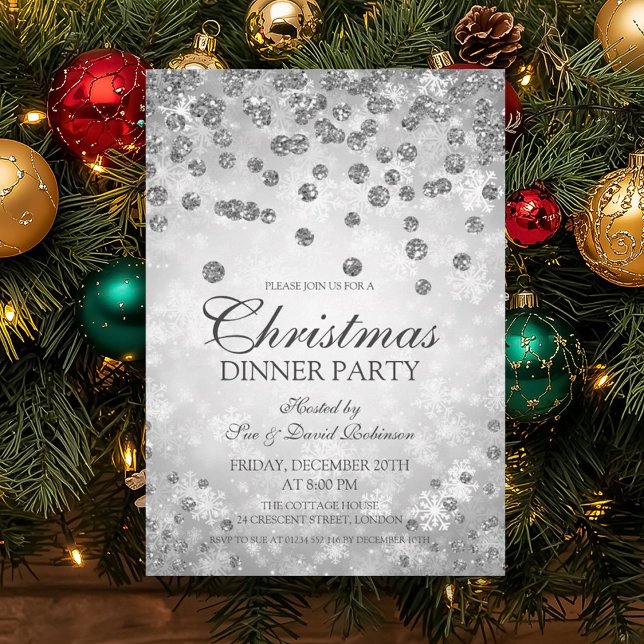 Convites Silver Diamantes e Festa de Natal Gliter (Silver Diamonds & Glitter Christmas Party Invitation)