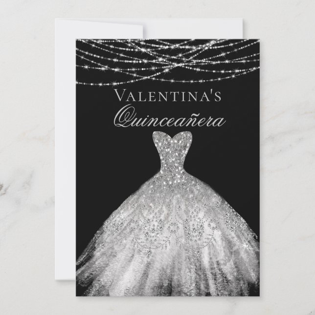 Convites Silver Diamond Sparkle Dress Quinceanera (Frente)