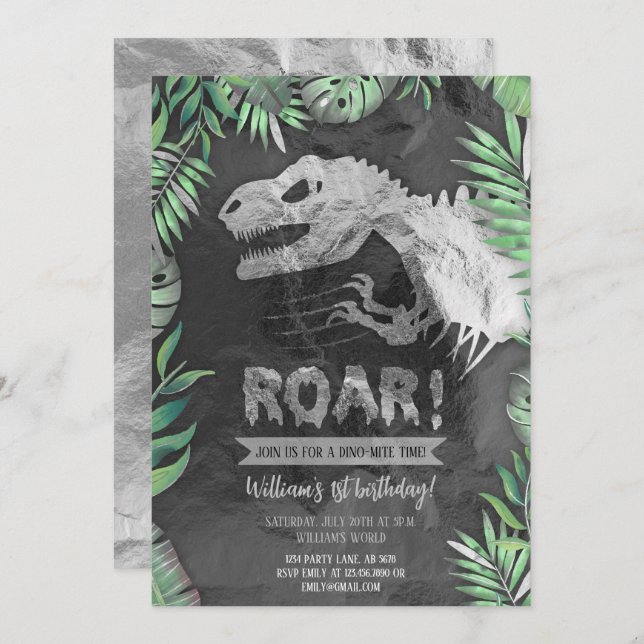 Convites Silver Dinosaur Roar Aniversário (Frente/Verso)