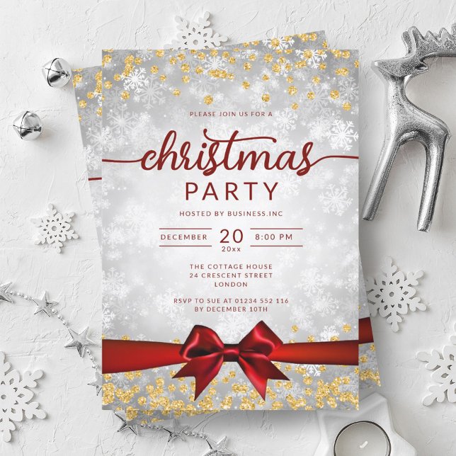 Convites Silver Dourado Winter Snowflakes Company Red Ribbo (Silver Gold Winter Snowflakes Company Red Ribbon Invitation)
