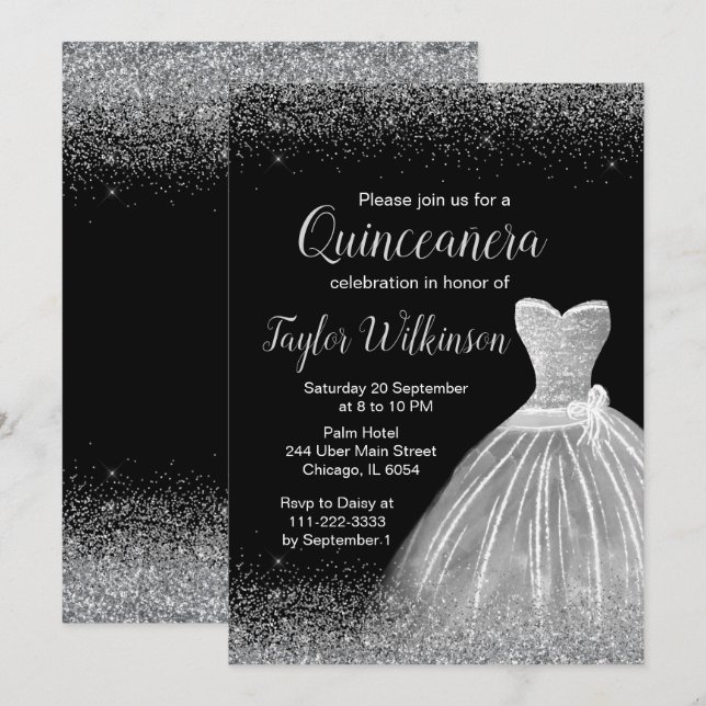 Convites Silver Dress Faux Glitter Quinceanera (Frente/Verso)