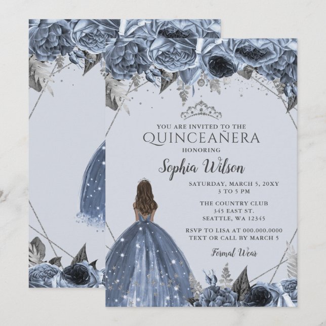 Convites Silver Dusty Blue Floral Princesa Quinceañera (Frente/Verso)