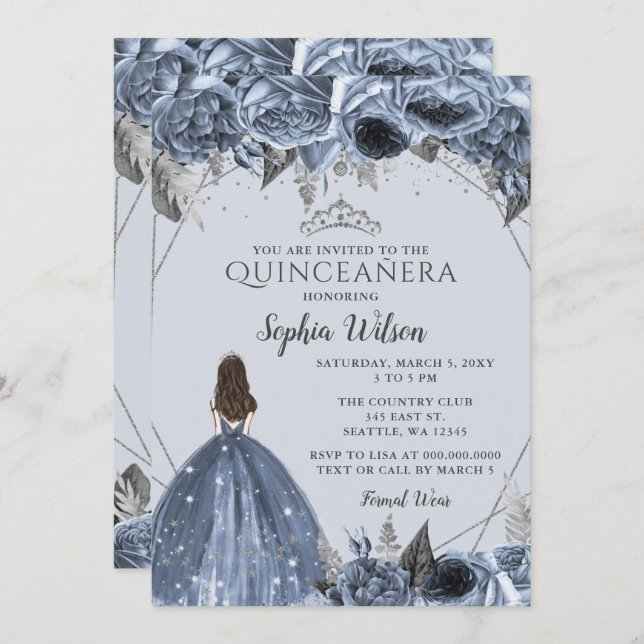 Convites Silver Dusty Blue Floral Princesa Quinceañera (Frente/Verso)