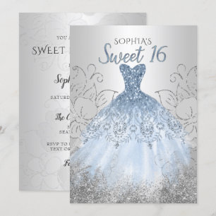 Convites Silver Dusty Blue Sparkle Vestido doce 16 anos