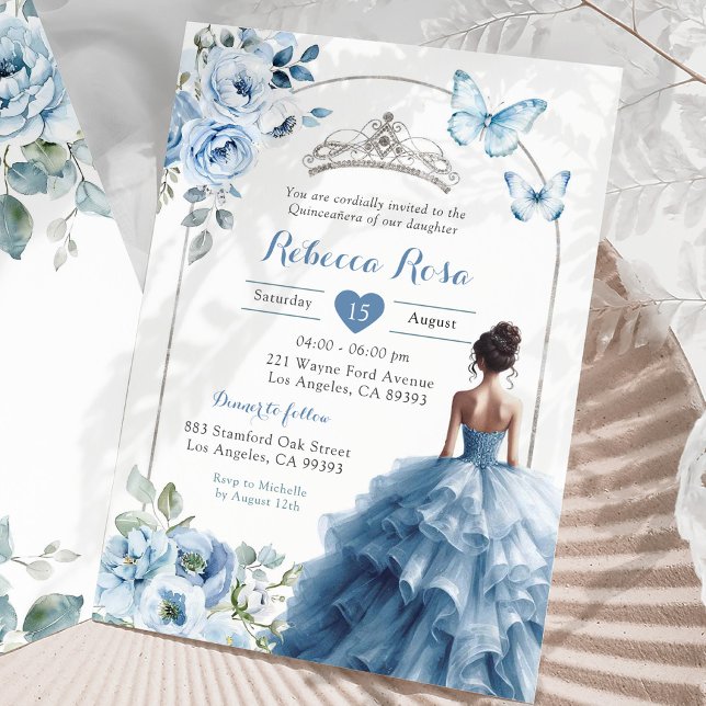 Convites Silver Dusty Borboleta Azul Elegante Quinceañera (Criador carregado)