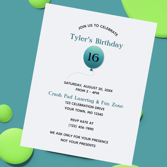 Convites Silver e Balão Azul Qualquer Número Aniversário (Criador carregado)