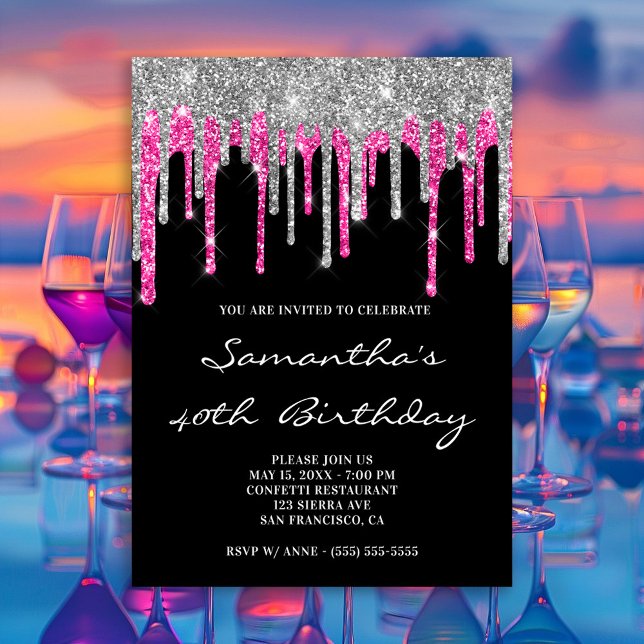 Convites Silver e Deep Pink Glitter Drives Negros Aniversár (Silver and Deep Pink Glitter Drips Black Birthday Invitation)