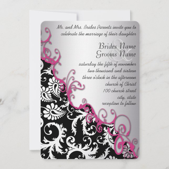 Convites Silver e Fuchsia Vintage Damask Romântico (Frente)