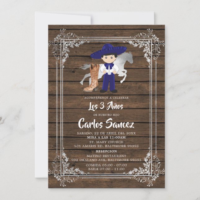Convites Silver e Royal Blue Wood Charro Terceiro Aniversár (Frente)
