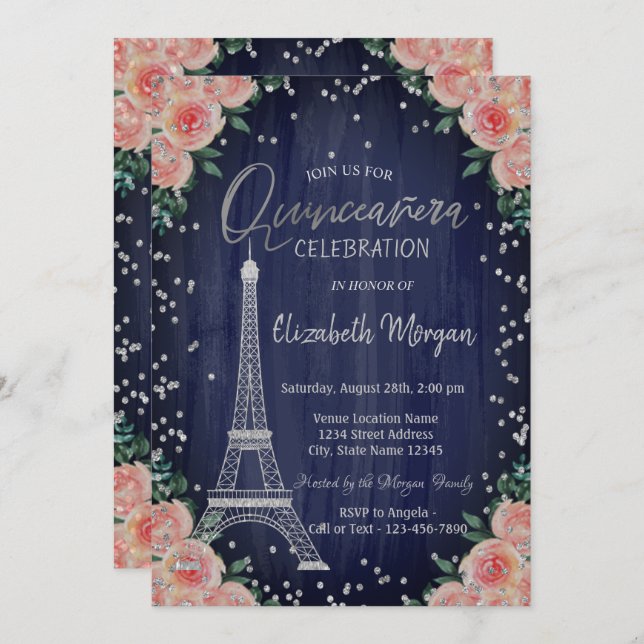 Convites Silver Eiffel Tower Diamantes Flores Quinceañera (Frente/Verso)