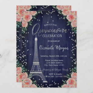 Convites Silver Eiffel Tower Diamantes Flores Quinceañera