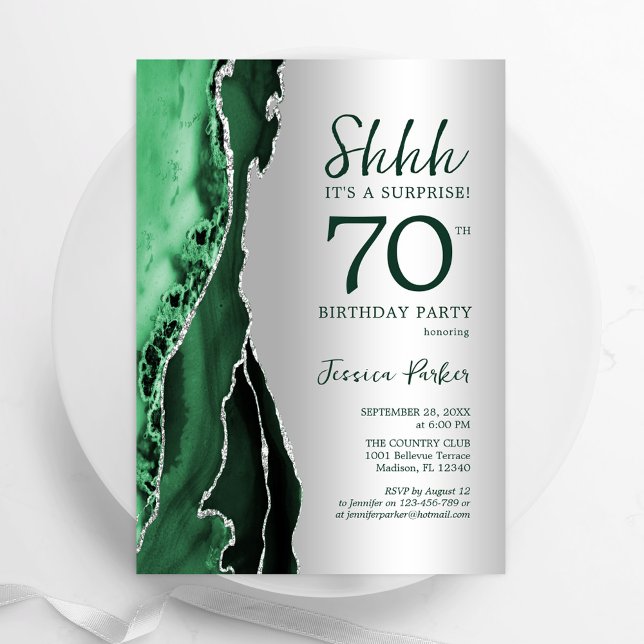 Convites Silver Emerald Green Agate Surprise 70 Aniversário (Criador carregado)